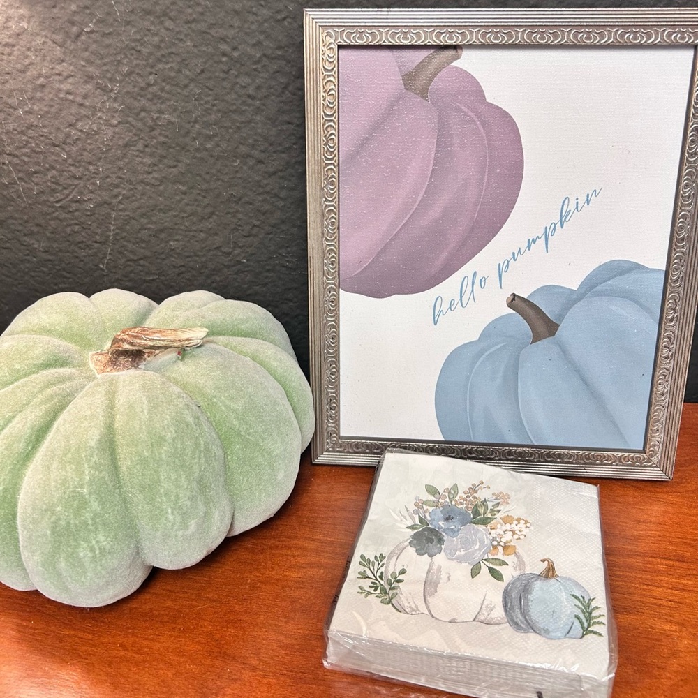 Green Velvet Pumpkin Decor Accent &Hello Pumpkin framed art fall napkins bundle